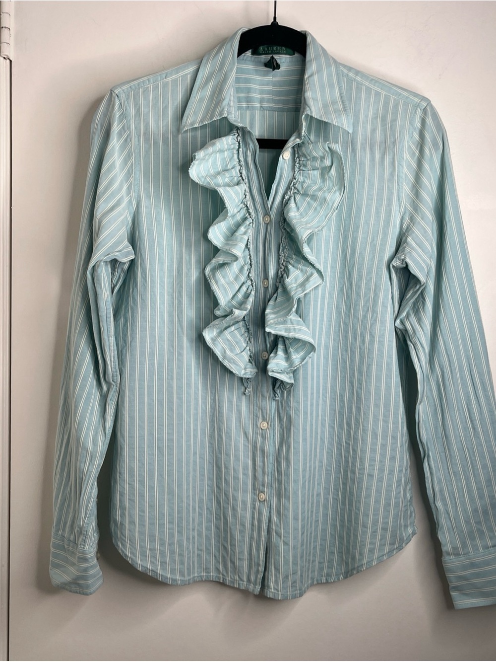 Lauren Ralph Lauren Blue Striped Collared Ruffle Button-Up Tuxedo Top M Cotton